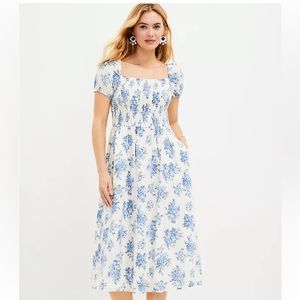 LOFT Puffed Sleeve Midi Dress Blue Floral